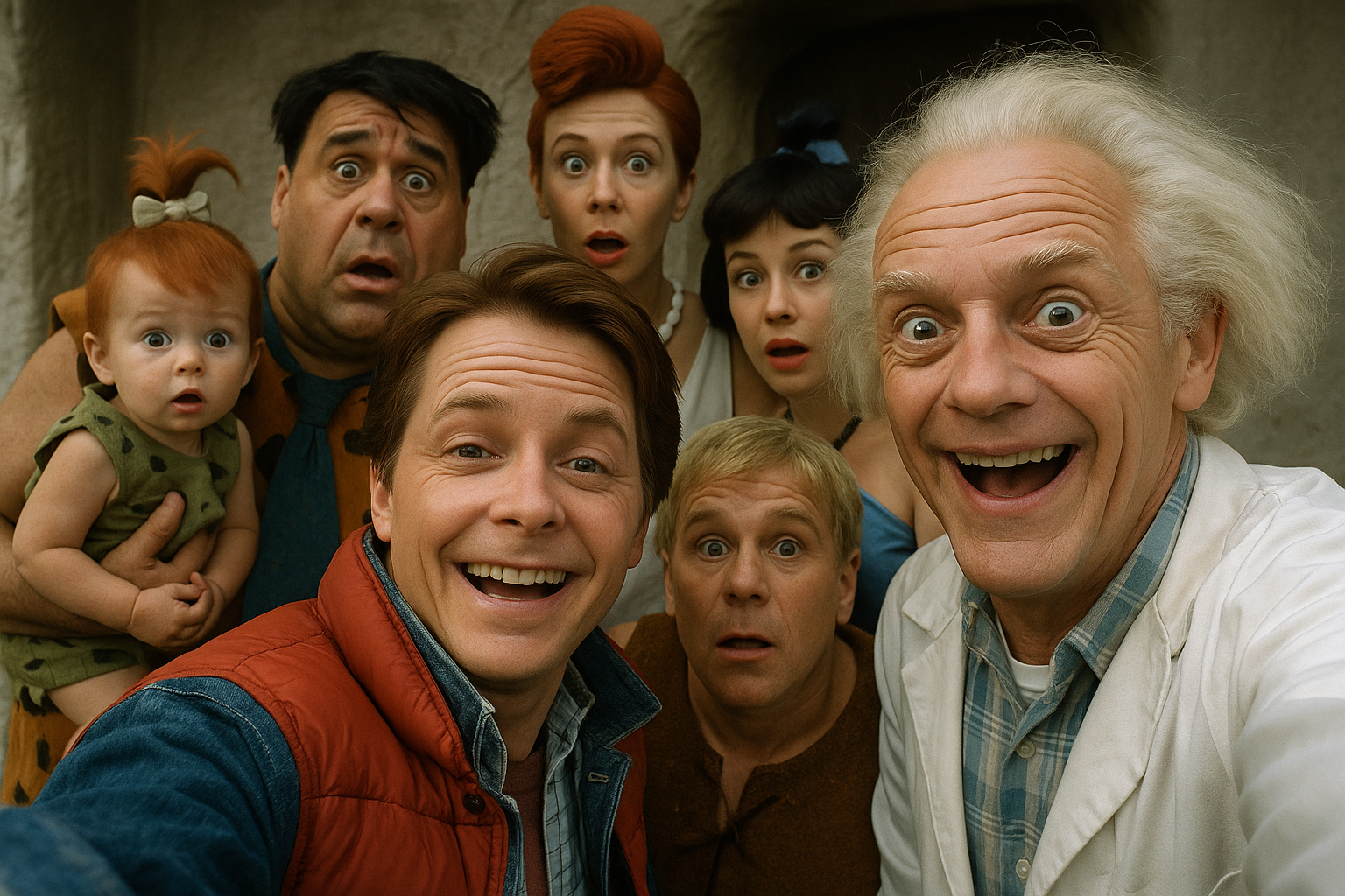 ¡Una selfie única! El Doc y Marty con los Flintstones en el pasado